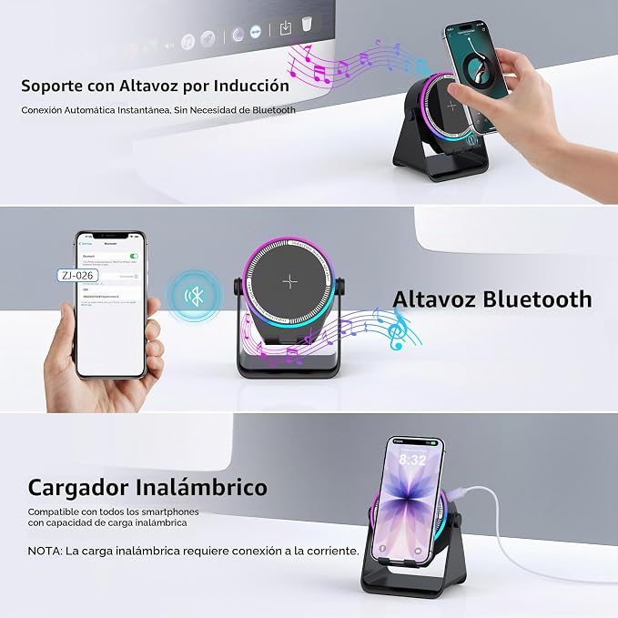 Estación 5 en 1 – Soporte, Carga Inalámbrica, Parlante Bluetooth y Luz RGB