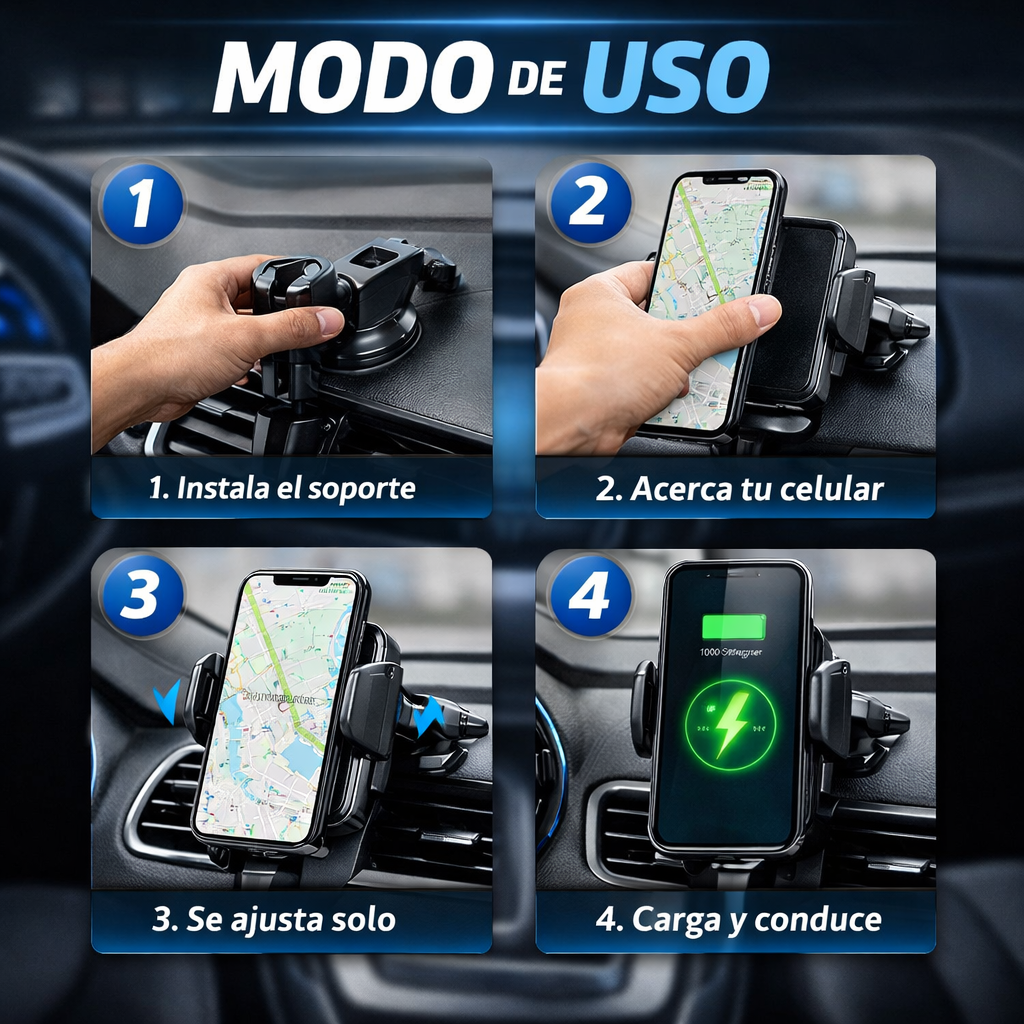 Soporte de Celular para Carro – Carga Wireless Automática – Maneja Seguro sin Batería Baja