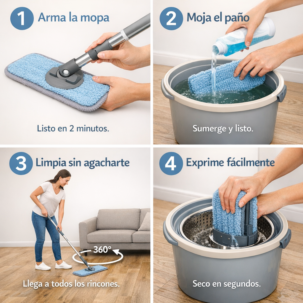 Mopa 360° con Tambor Metálico — Limpia sin agacharte ni mojarte las manos en segundos