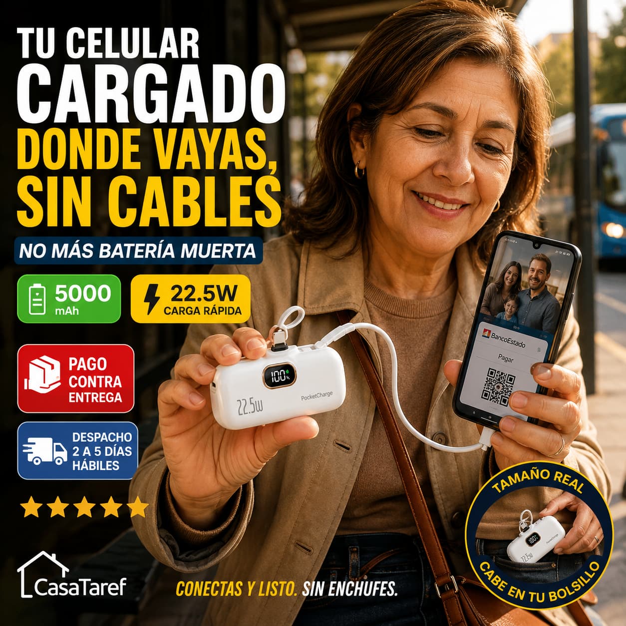 PocketCharge - Tu celular cargado donde vayas, sin cables, rápido.