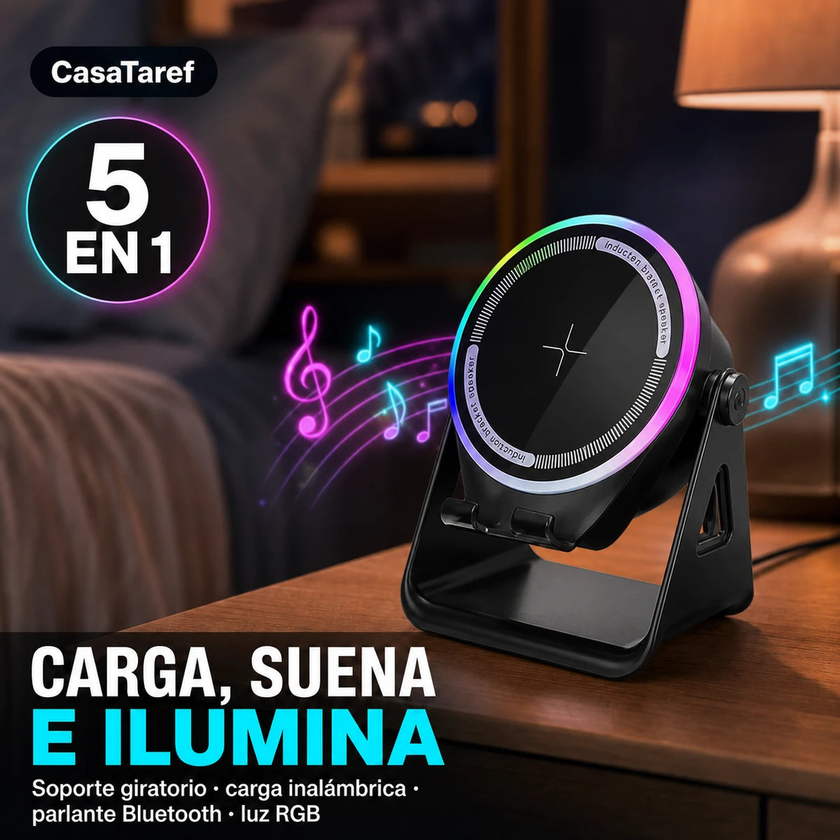 Estación 5 en 1 – Soporte, Carga Inalámbrica, Parlante Bluetooth y Luz RGB