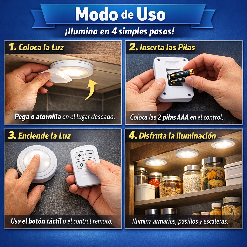 Luces LED Adhesivas 3x1  – Ilumina Armarios y Escaleras – Instálalas en segundos sin cables