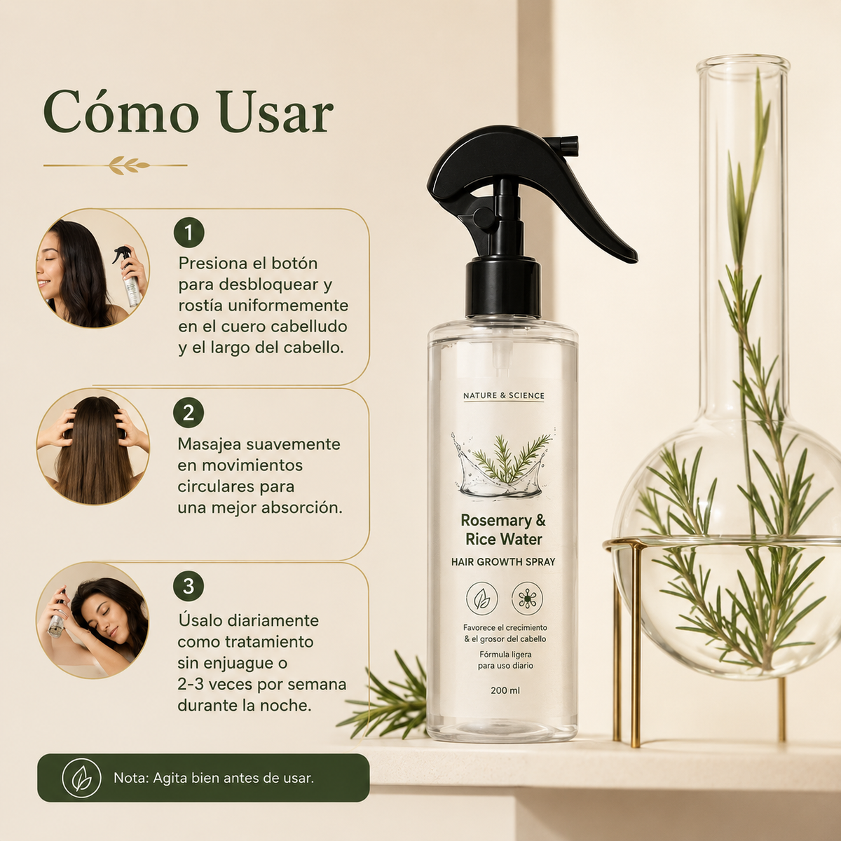Romera spray de romero y agua de arroz