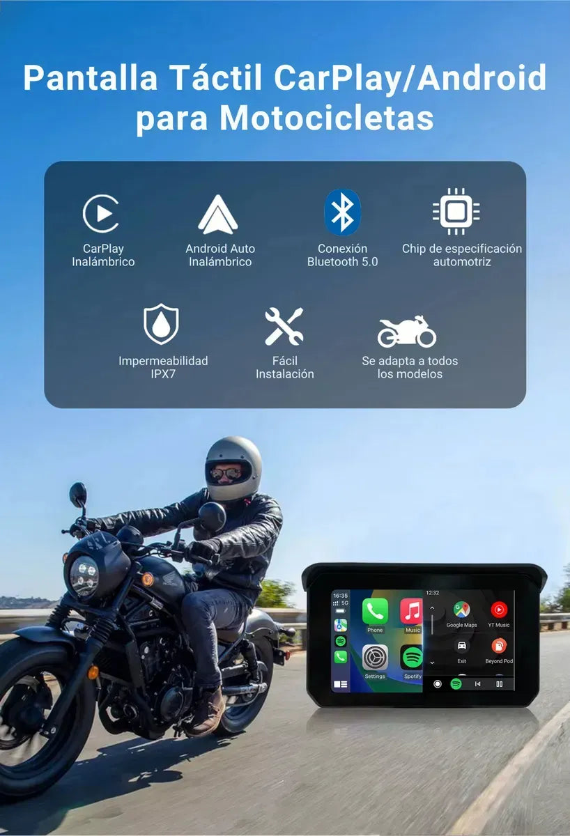 Radio CarPlay para Moto - GPS y Llamadas Manos Libres - Seguridad Visible en Cada Ruta