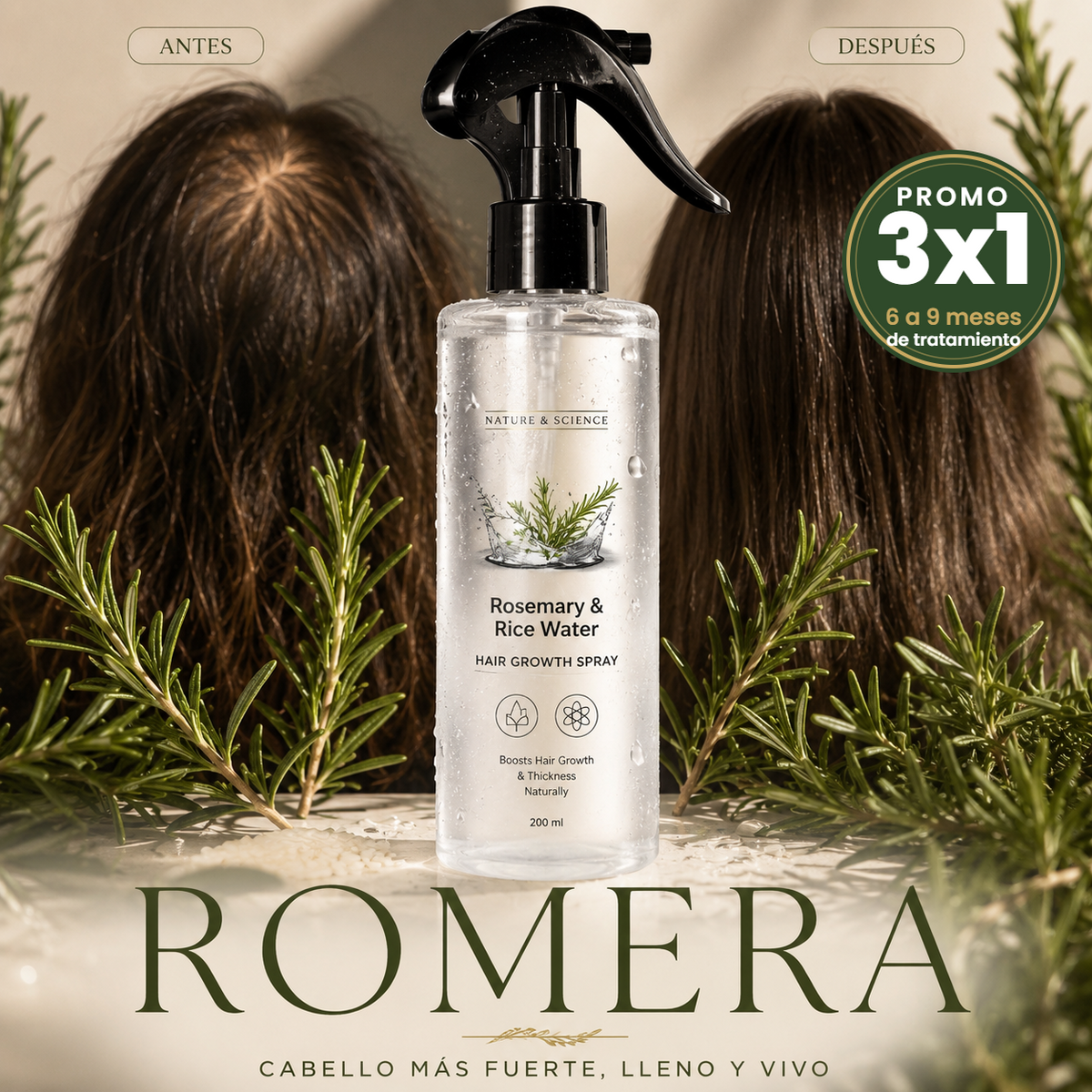 Romera 3x1 - spray de romero y agua de arroz, promo 6 a 9 meses