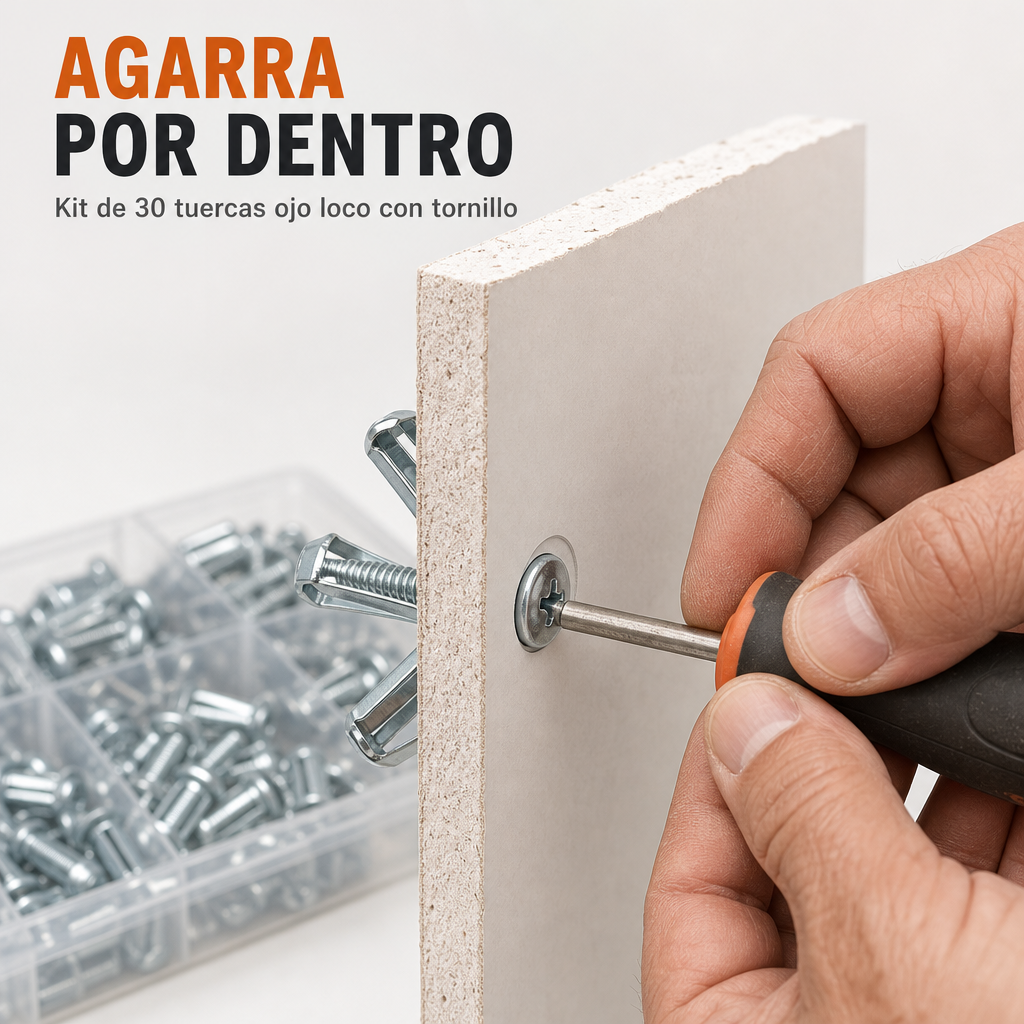 FijaFirme - 30 Tuercas Ojo Loco para Colgar en Pared Hueca