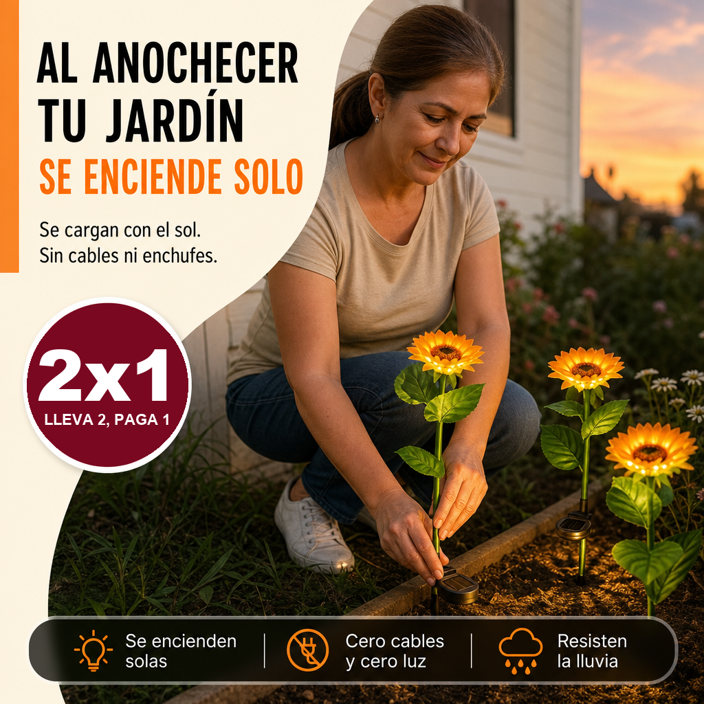 Girasol Solar LED 2x1 - Tu Jardín Se Enciende Solo al Anochecer